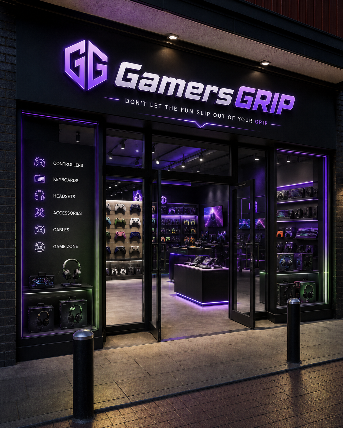 GamersGRIP storefront at night